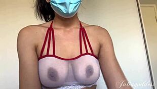 Naughty Nurse Gets Messy with Titjob Blowjob and Cum in Mask for Patient