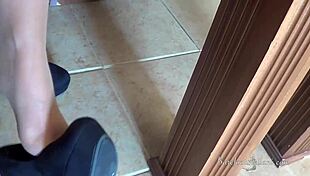 office milf teases with pantyhose feet and heels dangling