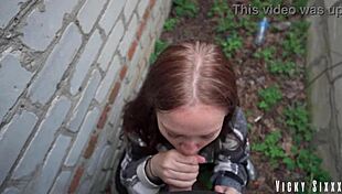 Whoa, she gave me a real fast risky blowjob behind the garages, filled her mouth with cum, and I made her swallow it all 😏