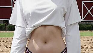 Adorable Lingerie Models Pose on the Farm in Cute Panties and Underwear. They Go Barefoot, Showcasing Sexy Styles Amid Ranch Scenery.