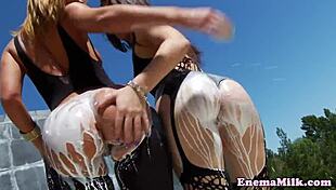 Dairy Babes Squirt Milk Enema In Messy Threesome Anal