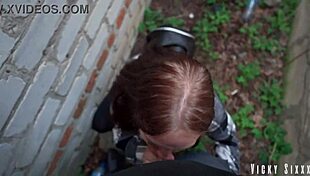 Whoa, she gave me a real fast risky blowjob behind the garages, filled her mouth with cum, and I made her swallow it all 😏