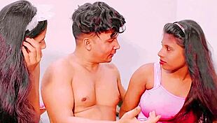 two brunette stepsisters get fucked hard by stepbrother in college dorm with deepthroat and anal