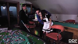 extremely hot sweetheart henessy gets double penetrated balls deep on pool table