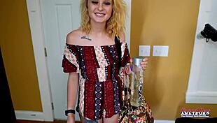 lovely petite blonde Bonnie Wolf is in a group scene where her pussy gets banged, she gives blowjobs, and swallows cum at the end