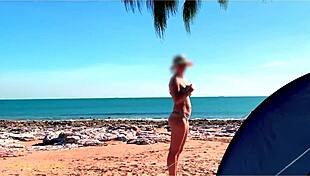 Wifey flashes her tits in bikini at the beach for exhibitionist fun