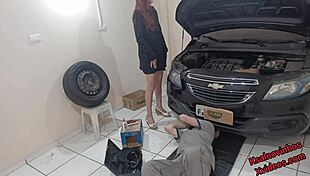 Horny boss provokes mechanic into fucking right there in the workshop with cum on ass action