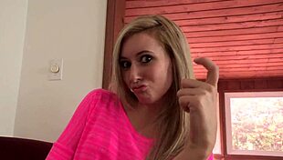 blonde teen lilly banks teases daddy by bending over in fishnets for big cock deepthroat and wet pussy fucking