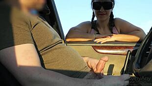 Stranger spots guy jerking off in public park car then delivers deepthroat blowjob with cum in mouth