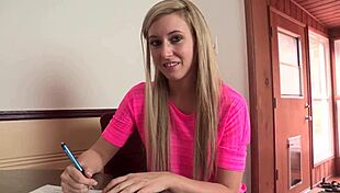 blonde teen lilly banks teases daddy by bending over in fishnets for big cock deepthroat and wet pussy fucking