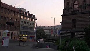 In the city center, a cute teen joins a public threesome