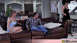 Short haired stepmom versus busty gf in blowjob competition