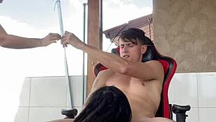 Party on the home balcony turns into a sloppy blowjob where tattooed teen babe swallows every drop
