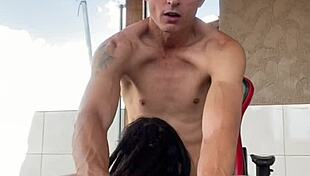 Party on the home balcony turns into a sloppy blowjob where tattooed teen babe swallows every drop