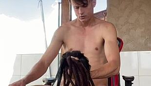 Party on the home balcony turns into a sloppy blowjob where tattooed teen babe swallows every drop