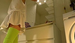 Hot Brunette College Girl With Mini Tennis Skirt And Over Knee Socks In Bathroom Shows Panties Under Short Skirt And Goes Also No Panties