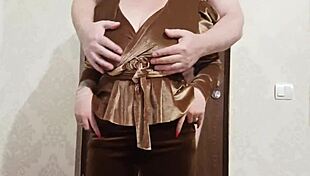 older man rubs big tits and masturbates shaved pussy over clothes on girl