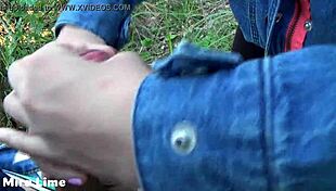 Brunette fucks in forest publicly.