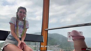 Huge brunette amateur jerks cock and swallows cum on ferris wheel in public forest