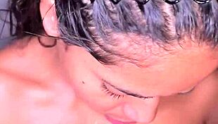 Cute brunette slobbers on bbc blowjob in bathroom!