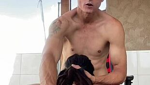 Party on the home balcony turns into a sloppy blowjob where tattooed teen babe swallows every drop