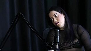 Blonde curvy woman shows big ass on podcast