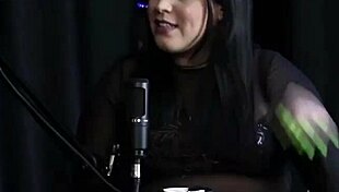 Blonde curvy woman shows big ass on podcast