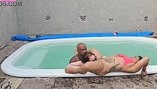 Pornstar With Tattoos Fucks Two Hotties By The Pool With Creampie Inside