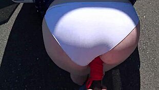 Girlfriend strap-on fucks milf's fat ass outdoors