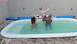 Pornstar With Tattoos Fucks Two Hotties By The Pool With Creampie Inside