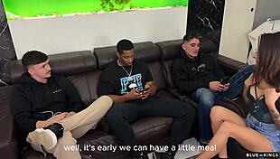 she tricks him into bringing her a towel and fucking him with their friends in the living room - creampie