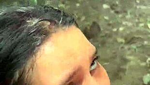 Beautiful latina girlfriend gives blowjob outside dorm, caught by roommate.