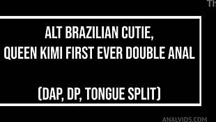 Brazilian alt cutie queen kimi takes her first double anal with monster cocks.