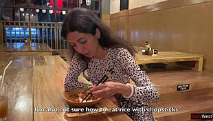 Sucking dick in sushi bar toilet, eating rolls with cum!