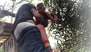 redhead uses sex toy in backyard for subtle fun