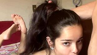 she woke up and they filmed sloppy oral sex on the bed, her ass up, ponytail, choking on wellington prado's big cock