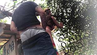 redhead uses sex toy in backyard for subtle fun