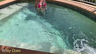 hey, check this out - my wife flashing her big tits right in the hotel pool, totally daring!