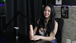 Morena demonstrates blowjob and shows huge tits