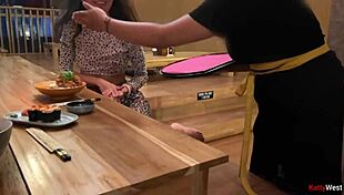 Sucking dick in sushi bar toilet, eating rolls with cum!