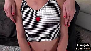 Tiny handjob babes jerk off POV cock in erotic threesome with petite teens.