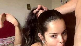 she woke up and they filmed sloppy oral sex on the bed, her ass up, ponytail, choking on wellington prado's big cock