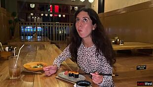 Sucking dick in sushi bar toilet, eating rolls with cum!