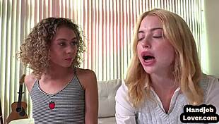 Tiny handjob babes jerk off POV cock in erotic threesome with petite teens.