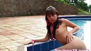Paulina 18 rubs great pussy hard at pool, fingering teasing