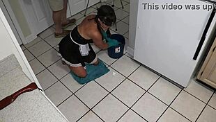 Petite amateur MILF works as service slave wearing anal tail plug gets double penetration cunt fucked with creampie