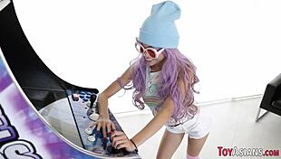 The little asian skank with small tits rides a big cock and gives blowjob