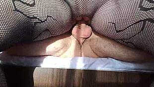 i satisfy my cock in reverse cowgirl with fishnets, but shes so wet and submissive in bedroom close up