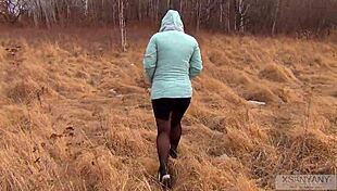 married wife in tight pantyhose gets outdoor fuck and cum mouthful