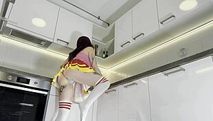 Hottest Redhead Tattooed Cheerleader Shows See-Through Panties in Kitchen